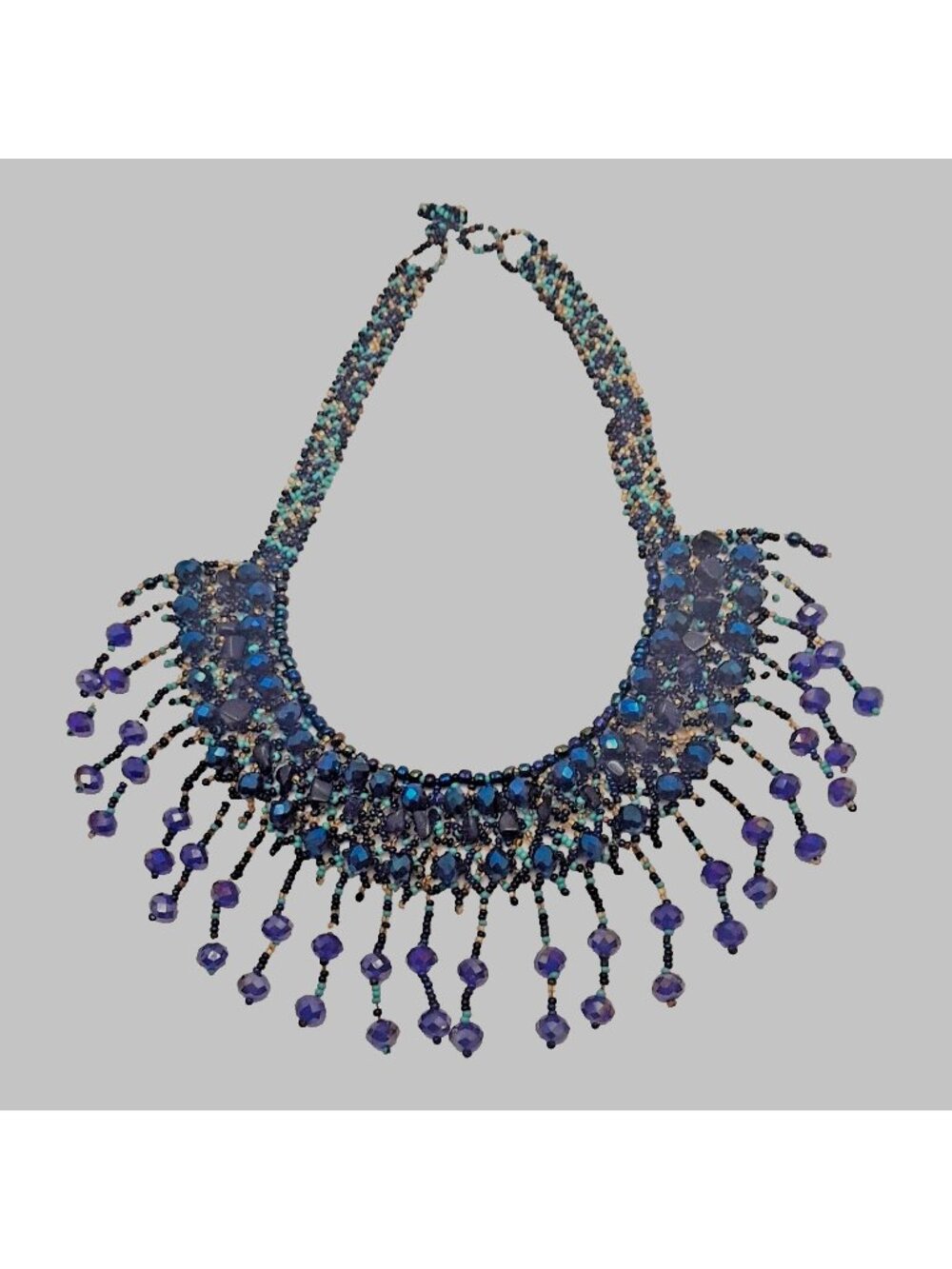 Vintage Aurora Borealis AB Seed Bead Crystal Necklace Collar Fringe Purple Blue